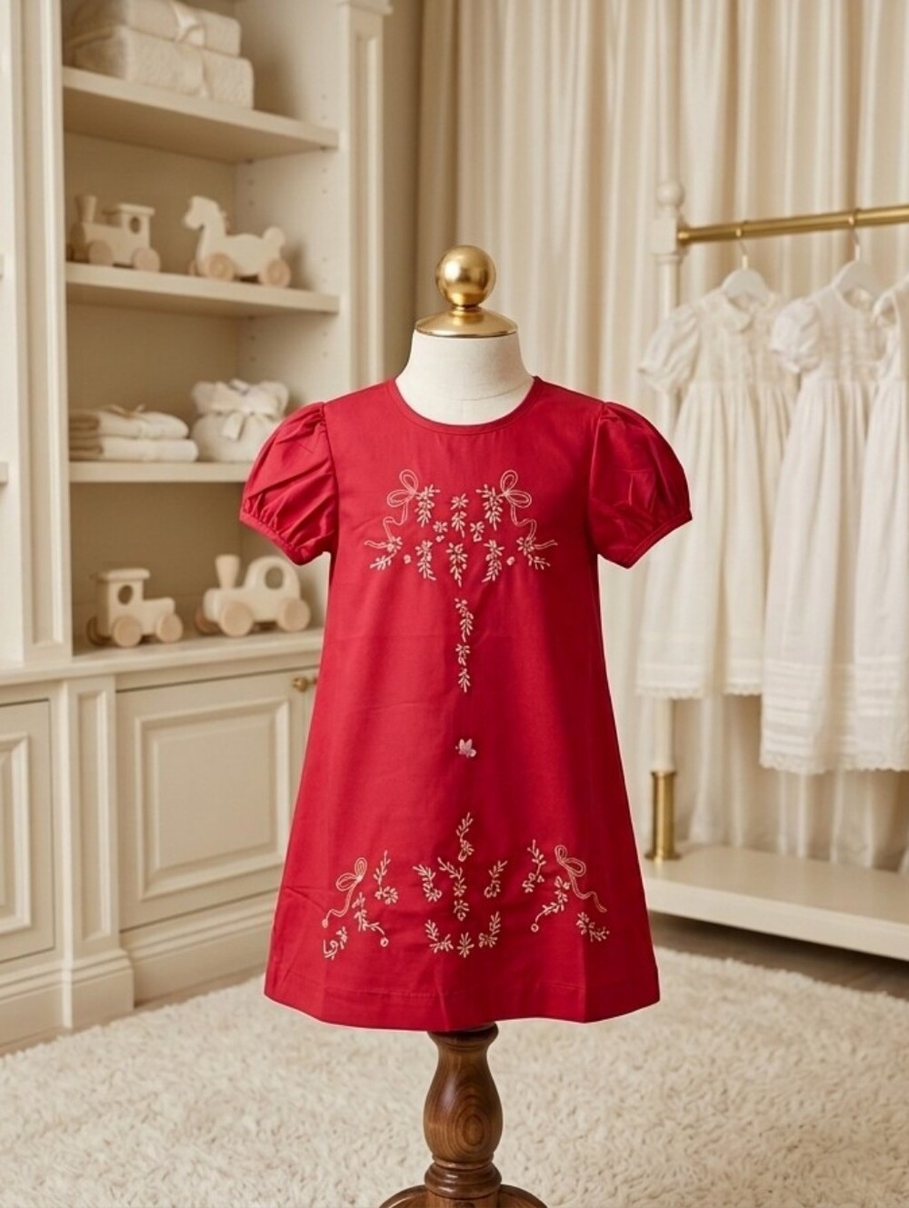 Love Me Hand Embroidered Red Heirloom Puff Sleeve A-Line Dress 3T - Picture 6 of 6